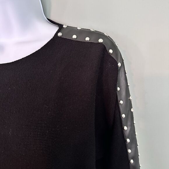 Sioni Milano Sweater Womens L Black Faux Leather Silver Studs Soft Mobwife Edgy - Picture 4 of 8